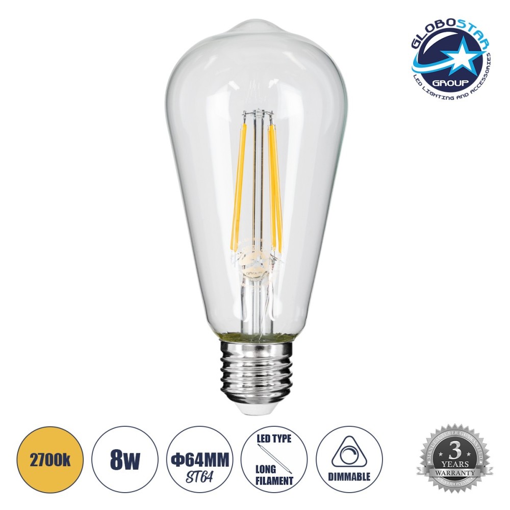 GLOBOSTAR® PEAR 99016 Λάμπα E27 ST64 LED 8W 800lm 360° AC 220-240V IP20 Θερμό Λευκό 2700K Dimmable - Long Filament Chip - Διάφανο - Μ6.4 x Π6.4 x Υ14cm - 3 Χρόνια Εγγύηση